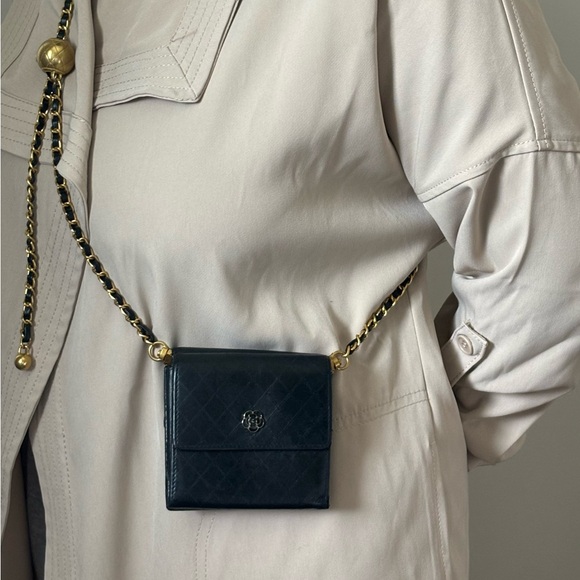 Chanel Camelia  Black VTG  Mini Trifold Wallet On A Chain Gold Adjustable Chain - Picture 5 of 13